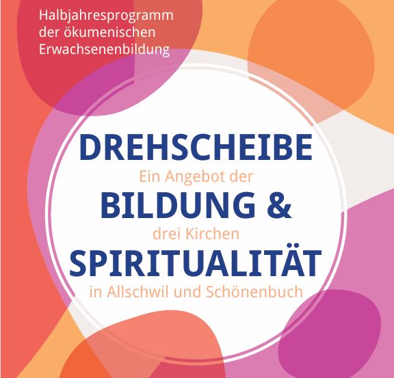 Kreis mit dem Text: Drehscheibe Bildung & Spiritualität, Halbjahresprogramm der ökumenischen Erwachsenenbillung