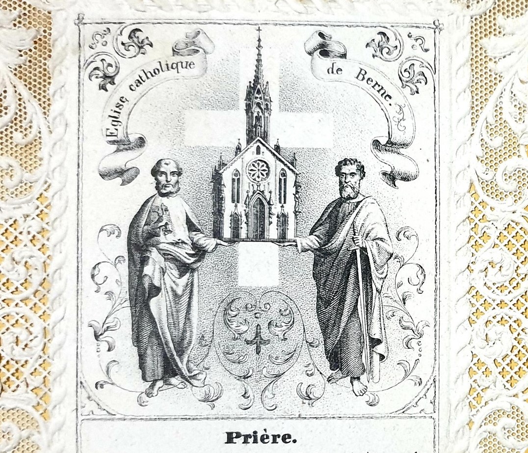 Gebetskarte Bern: Zeichnung katholischer Kirche in Bern mit zwei Heiligen im Vordergrund