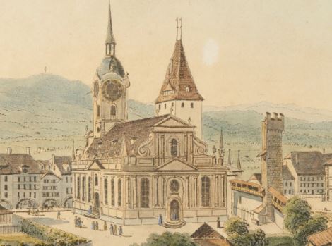 Berner Heiliggeistkirche und Burgerspital. Druckgrafik durch Jakob Samuel Weibel 1830. Nach dem Blatt «Vue de l'eglise du St. Esprit, et du grand Hopital à Berne» von Johann Grimm 1740. HelveticArchives.