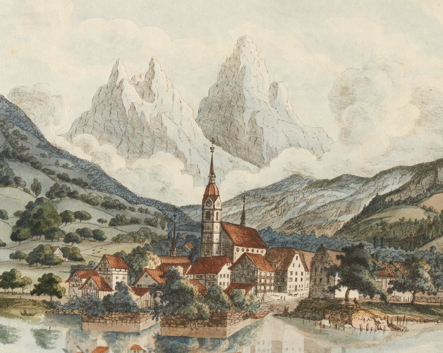 «Prospect der Flecken Arth im Canton Schweiz [Schwyz]»; Druckgrafik von Johann Jakob Aschmann in der Zeit zwischen 1770 und 1790. Links das Kapuzinerkloster St. Zeno (heute das syrisch-orthodoxe Kloster Mor Avgin), in der Mitte die barocke Pfarreikirche St. Georg und Zeno, rechts die Rigi (auf welcher die Wallfahrtskapelle Maria zum Schnee steht).